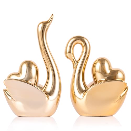 Figuras Decorativas de Cisnes de Cerámica Doradas