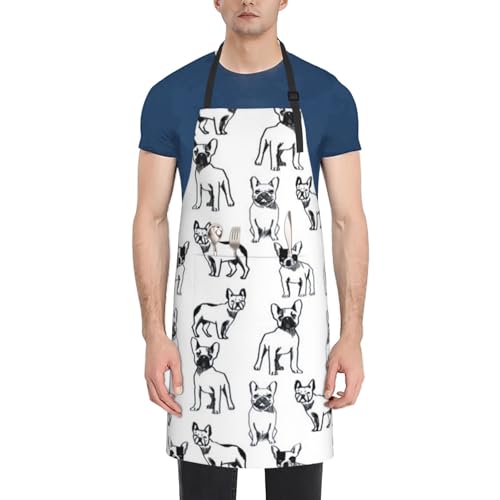 Tcoay Bulldog francés, Delantal de cocina ajustable con bolsillos, Delantales de cocina Delantal de chef impermeable Delantales ajustables con pechera