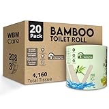WBM Care Natural Bamboo Toilet Paper, 3-Ply Bath Tissue for Sensitive Skin, Food Grade Standard, 208 Sheets per Roll, Pack of 20 Rolls for a Total 4160 Sheets