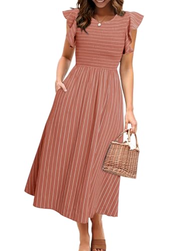 Image of Simplee Womens Striped Midi Summer Dress Linen Smocked Flutter Short Sleeve Dress Flowy Casual Dress with Pockets