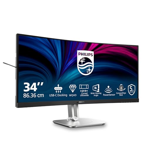 Philips 34B2U5600C - Moniteur incurvé WQHD 34 Pouces, réglable en Hauteur (3440x1440, 120Hz, HDMI, DisplayPort, USB-C (100W PD), RJ45, Hub USB) Gris foncé