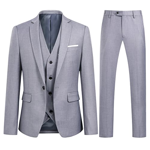 Sliktaa Traje formal de 3 piezas para hombre con un botón, solapa con muescas, traje de negocios y boda, blazer, pantalones y chaleco, gris claro, XXL