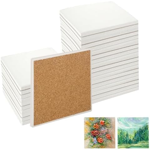 SHUESS 25 Pcs Blank Ceramic Tile for Crafts Coasters, 4"x4" Unglazed Ceramic Tiles Coasters, Ceramic Tiles with Cork Backing Pads for Painting, Alcohol Ink, Acrylic Pouring, DIY Coaster Cover