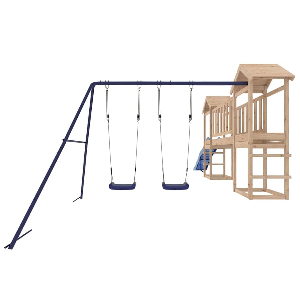 Wieża do zabawy z litego drewna sosnowego z mostkiem, zjeżdżalnią, podwójną huśtawką i piaskownicą, do ogrodu i na podwórko, platforma 90 cm, dla dzieci w wieku od 3 do 8 lat na zewnątrz