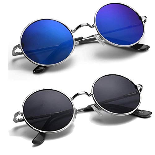 DEVEW UV Protection Round Unisex Sunglasses (Black, Blue) - Pack of 2 Girls&Boys