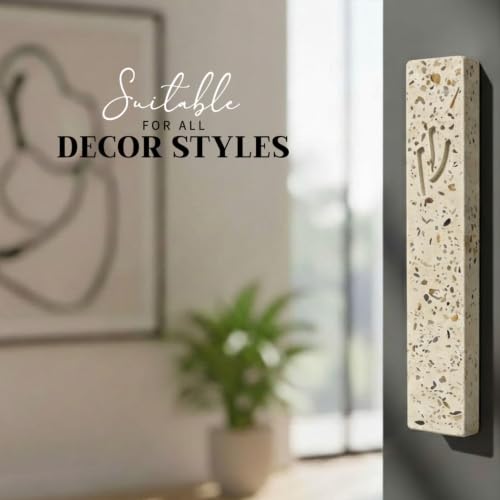 Image of SURI Mezuzah Case - 5 Inch Terrazzo Cream and Pink Concrete Jewish Door Mezuza Cover with Non Kosher Scroll, Self-Stick Adhesive, Fits a 4 Inch Scroll, Gift Box Included
