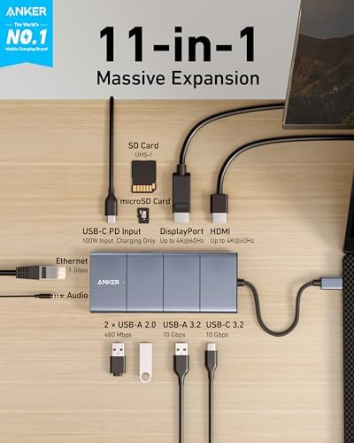 Anker USB-C Hub, 11-in-1 Docking Station Dual Monitor with 4K HDMI and DP - 1