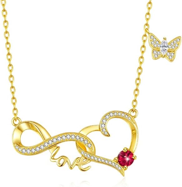 Birthstone Infinity Necklace for Women,Heart Pendant Necklace Birthday Gifts for Wife Her Mom, 14K Gold 18K White Gold Womens Fashion Jewelry with Dainty Butterfly Necklaces