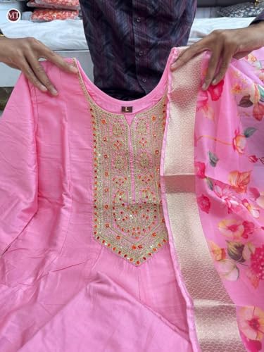 Image of by Pink Anarkali Flared Kurti Pant Dupatta Suit Set.