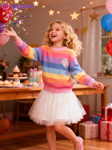 Image of WELAKEN Girls Sweater Colorful Patterned Crewneck Long Sleeve Knit Pullover