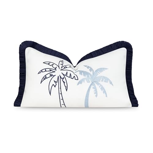 Hofdeco Premium Coastal Patio Indoor Outdoor Lumbar Pillow Cover Only, 12"x20" Water Repellent for Backyard, Couch, Baby Blue Embroidered Coconut Tree with Fringe