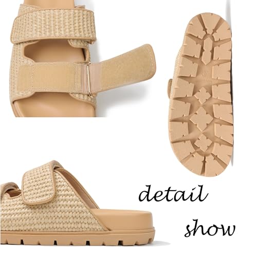 Image of Womens Espadrilles Slide Sandals Hook and Loop Slip-on Straw Raffia Flat Sandals for Women Woven Slides Comfortable Beach Flats