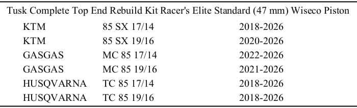 Tusk Complete Top End Rebuild Kit Racer's Elite Standard (47 mm) Compatible with Wiseco Piston Compatible with KTM 85 SX 2018-2026, Compatible with Husqvarna TC 85 2018-2025