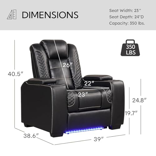 Image of ANJ Power Home Theater Seating Recliner Chairs Set of 2, PU Leather Recliner with Cup Holders, Electric Movie Theater Reclining Chair with Adjustable Headrest, LED Lights, Hidden Arm Storage (Black)