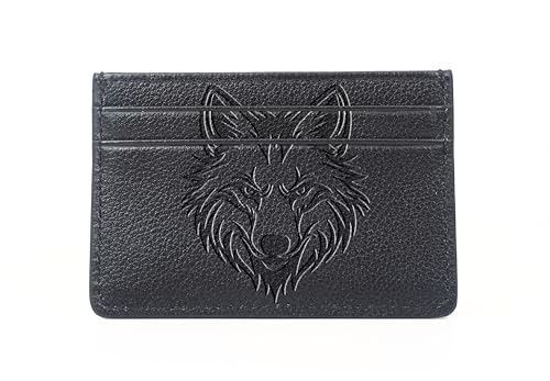 Avery's Boutique Wolf Emblem Genuine Leather Cardholder – Slim Minimalist RFID Blocking Wallet for Men & Women (Wolf, Black)