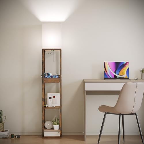 Image of SUNMORY Floor Lamp with Shelves, Modern Dimmable Standing Lamp with Drawer & 2 USB Ports & 2 Power Outlet, Corner Tall Shelf Lamp for Living Room and Bedroom (Rustic Browm)
