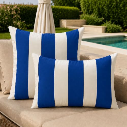Image of Allorry Outdoor Pillow Covers 12x20 Set of 2 Royal Blue Striped Decoration Throw Pillow Covers for Spring Summer Outdoor Waterproof Garden Patio Furniture Sofa Bed Home Decor JB007-N12