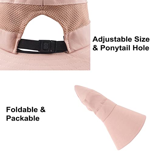Mukeyo Womens Summer Sun Hat Wide Brim Outdoor Uv Protection Hat Foldable Ponytail Bucket Cap For Beach Fishing Hiking Pure Pink #TOP5