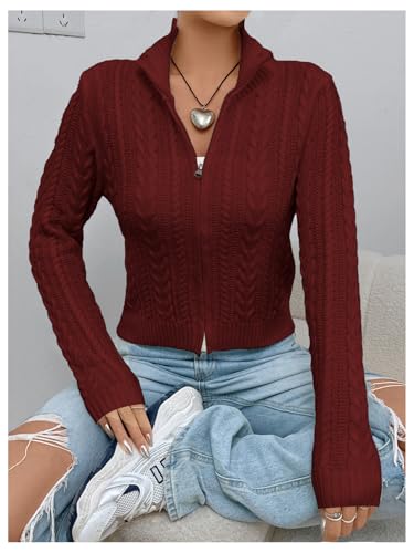 Image of MakeMeChic Women's Cropped Cable Knit Sweater Zip Cardigan Fall Clothes