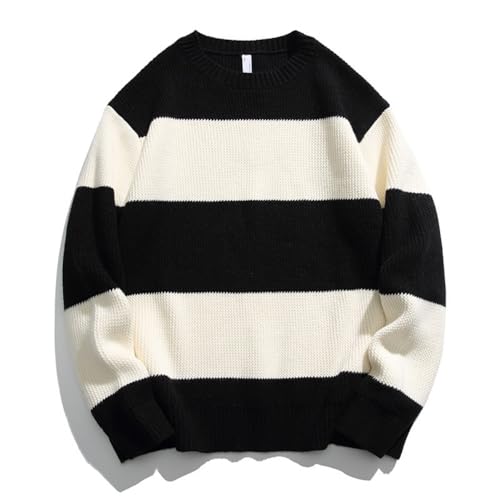 Mens Sweater Oversized Striped - Casual Cable Knitted Pullover Cute Unisex Crewneck Retro Tops