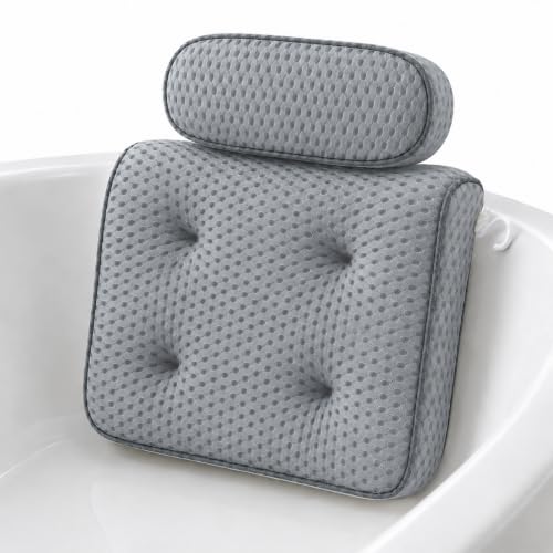 Zyrah Bath Pillows for Tub, Spa Bath Pillow with 72 Micro-Suction Cup Array, 3D Air Mesh Quick Dry, Machine Washable, Ergonomic Neck and Head Cushion for Bathtub - Gray