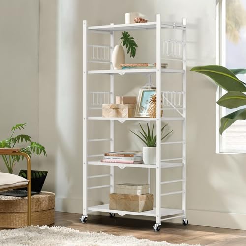 Image of Himix 5-Tier Foldable Storage Shelves 20 Hooks Wheels White No Assembly | Folding shelving units, Metal collapsible organization, Wire rack, Unit rolling cart, Bookshelf, Kitchen, Home, Holds 440 Ibs
