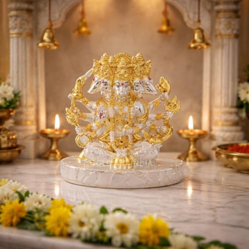 Image of Gold Art India Panchmukhi Hanuman Idol | Gold & Silver Plated Dual Tone Murti | Glossy Finish Polyresin Statue | Spiritual Home Decor for Mandir, Office & Car Dashboard | Premium Gift | 4 Inch