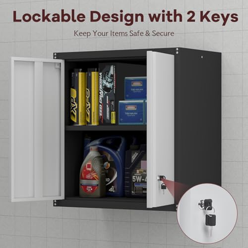 Image of Steel Wall Cabinet, Heavy Duty Hanging Garage Storage Cabinet with Adjustable Shelf & Locking Doors, Wall Mounted Metal Garage Cabinet for Workshop, Utility Room, Shed, Black /Grey
