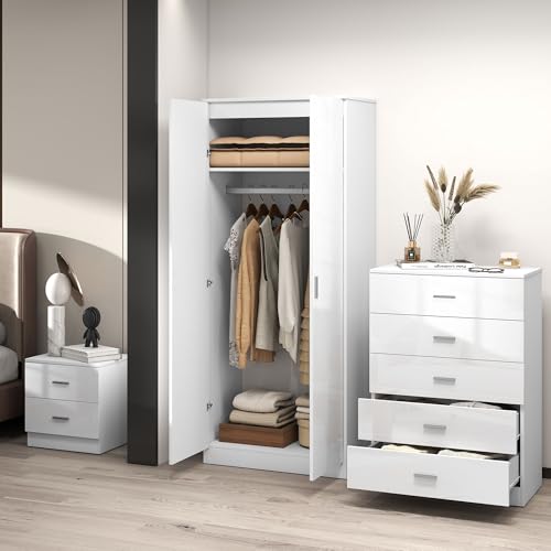 HOMCOM High Gloss 3 Piece Trio Bedroom Furniture Set Wardrobe + Chest Of Drawer + Bedside White - Image 10
