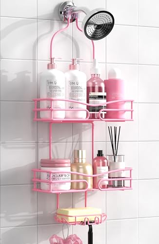 DAOYA Pink 3-Tier Over Head Shower Caddy with Soap Holder & 6 Hooks - Hanging Shower Caddy for Bathroom Organizer