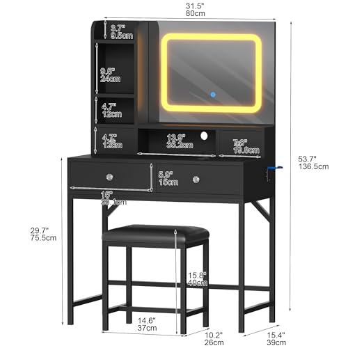 GarveeHome Makeup Vanity Desk and Stool with Mirror Vanity Desk with Lights in 3 Colors, Girls Vanity Table with Charging Station, 4 Drawers, 6 Storage Shelves for Bedroom, Black