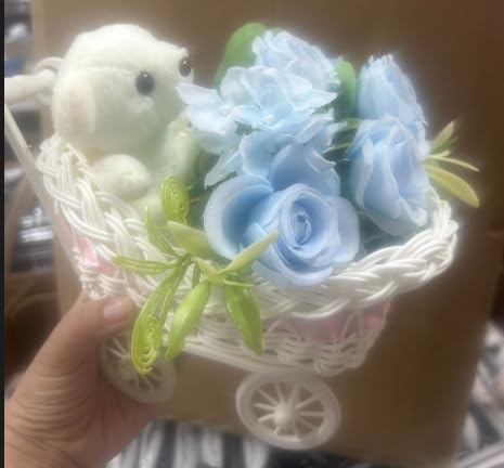 3 Sets Baby Carriage Flower Table Centerpieces - Woven Stroller with Bear Flower Baby Shower Gender Reveal Decorations (Pink)