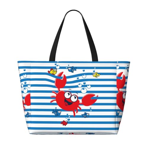 Red Funny Crab On Blue Stripe For Beach Bag For Women Large Beach Tote Bag Waterproof Sandproof Swim Bag With Zipper Pockets Beach Vacation Travel2
