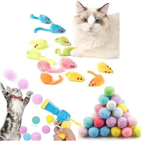 MeoHui 43PCS Value Bundle - 12PCS Faux Fur Mice Cat Toys Package Plus 31PCS Cat Ball Toy Launcher Gun Package Cover