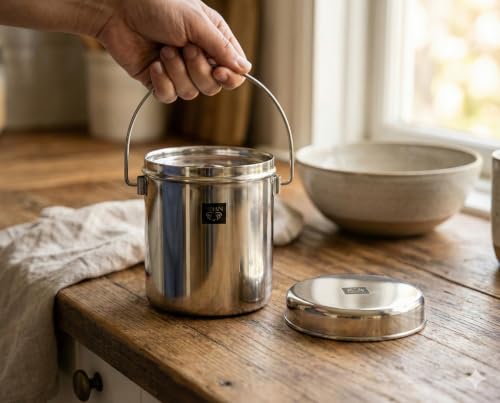 Image of Nyra Stainless Steel Milk Pot /Milk can /Milk Barni /Oil can (with lid and Handle) deep Dabba /Storage Container, Flat Bottom dolu for ghee, Oil, Curd, Grains, pulses /dolchi for Milk -Capacity 1.8Litre
