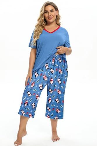 Image of Vozanet Women's Pajamas Set Soft V Neck Sleepwear Top and Capri Pj Lounge Sets Cartoon Heart Shape Cat Nighty Plus Size