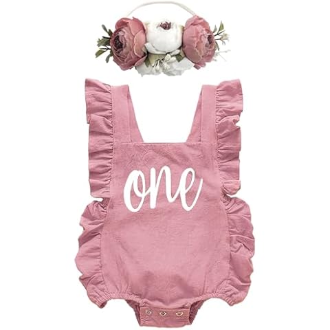 BGFKS Ruffle Sleeve Romper for Baby Girl, Toddler Girls 1st Birthday Bodysuit with Flower Headband.(Dusty Rose,12-18 Months) Cover