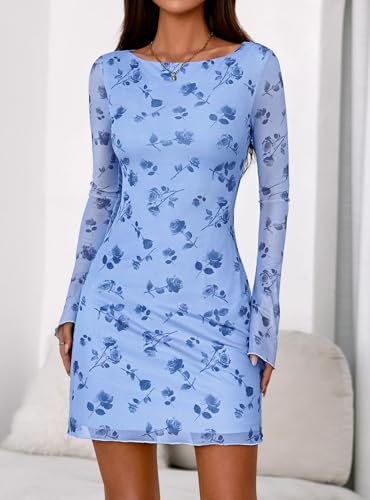 PRETTYGARDEN Women's 2025 Fall Fashion Floral Long Sleeve Mini Dress Mesh Bodycon Short Party Date Night Going Out Dresses2