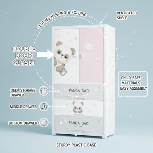 Image of YASONIC Plastic Wardrobe for Kids Clothes - Durable, Easy to Use Anti-Skid & Non-Slip Effective Professional Collapsible Wardrobe, Plastic Cupboard for Kids, Foldable Almirah (Panda, 1+3 Tier)