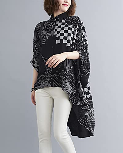 ellazhu Women's Asymmetrical Button-Up High-Low Short-Sleeve Batwing Top Oversized Shirt Blouse GA2305 A2