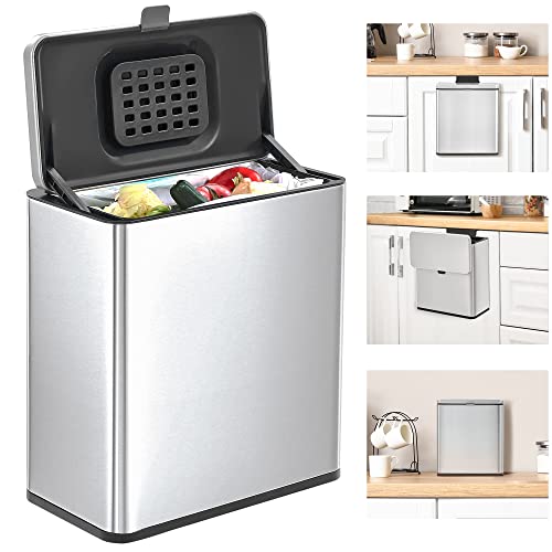 Land·voi Hanging Kitchen Compost Bin 6 Liter/1.6 Gallon, Small Trash Can With Detachable Inner Bucket For Cupboard/Countertop/Bathroom/Camping, Includes Charcoal Filter, Brushed Stainless Steel #TOP25