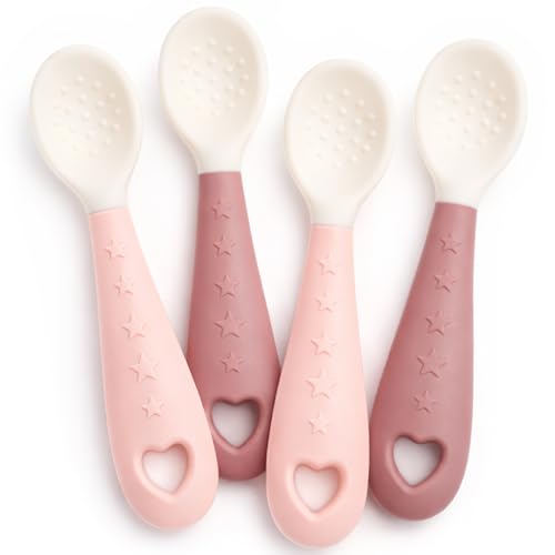 4-Pack Silicone Baby Spoons Seposeve Soft Gum-Friendly First Feeding Spoons for Babies Baby Feeding Utensils Essentials Easy-Grip Handle BPA Free Dishwasher Safe 2 Pink 2 Purple