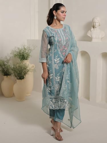 Image of INDO ERA Women's Organza Floral Embroidered Straight Kurta & Pant with Dupatta Set (IESTR10756)