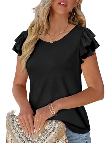 NORACORA Womens Ruffle Short Sleeve Summer Tops Cute Crew Neck Bacis T Shirts Casual Blouses