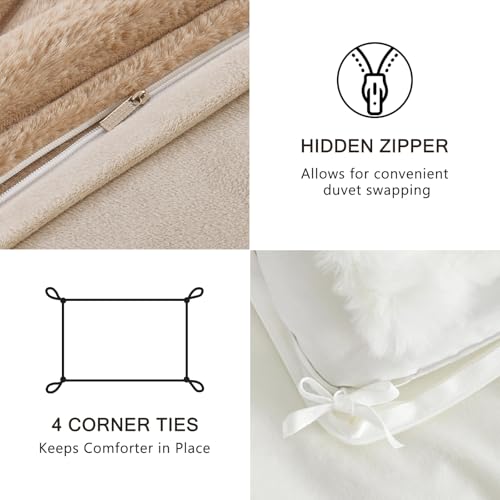 Image of EMME Faux Fur Duvet Cover Queen Size, 3 Pieces Ultra Soft Fluffy Comforter Cover, Cozy Warm for Winter, Luxury Elegant Shaggy Striped Design Bedding, 1 Duvet Cover & 2 Pillow Shams (Queen, Taupe)