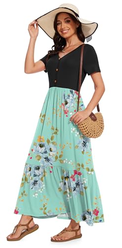 Image of VIISHOW Women's Short Sleeve Maxi Dress 2026 Summer V Neck Knit Loose Plain Empire Waist Casual Dresses with Pockets