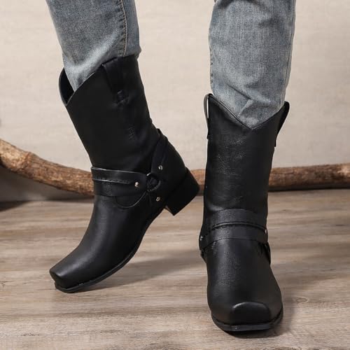 yamerbo Men's Western Cowboy Boots Square Toe Leather Cowboy Boots Classic Retro Pull-On Mid-Calf Biker Work Boots for Men2