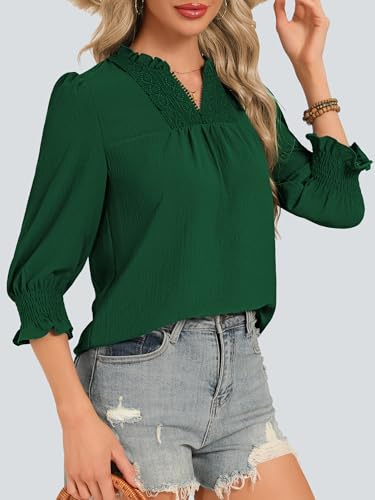 Funlingo Womens 3/4 Sleeve Boho Tops Summer Fashion 2026 Ruffle V Neck Blouses Dressy Casual Flowy Lace Crochet Shirts Spring Outfits Green XL — view 3
