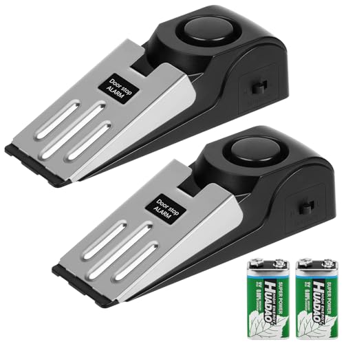 Flintronic 2 Piezas Alarma de Topes para Puertas, 120dB Alarma de Parada de Puerta en Forma de Cuña, Alarma de Seguridad de Acero Inoxidable, para el Hogar, Hotel, Viajes (Batería incluida)