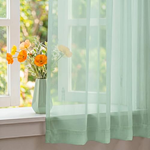 Image of NICETOWN Sage Green Sheer Curtains 63 Inches Long, W42xL63, 2 Panels | Rod Pocket Lightweight Drapes Voile Sheer Air & Breathable Home Decor Window Treatments for Bedroom